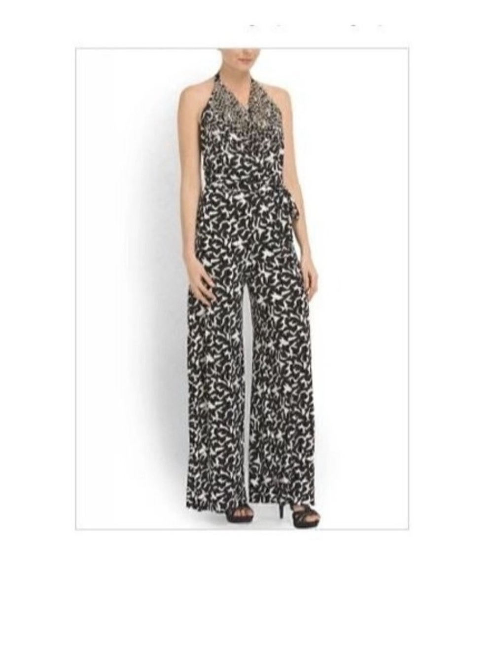 Diane Von Furstenberg black white Nera embellished pants halter jumpsuit